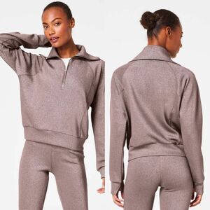 Spanx AirEssentials Shine Half Zip, Smoke Silver Shimmer Top XS $138 NWT